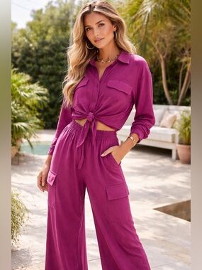 Happily Grey Women’s Plum Modal Set Button Top & Wide-Leg Cargo Pant Sz M